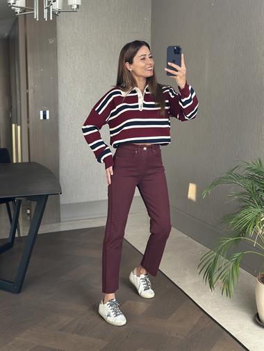 Bordo Marka Model Kesik Paça Boy Fit Kadın Jean Pantolon