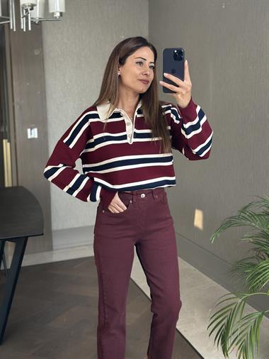 Bordo Marka Model Kesik Paça Boy Fit Kadın Jean Pantolon