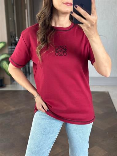 Bordo Kare Nakış Detay Bisiklet Yaka Kadın T-Shirt