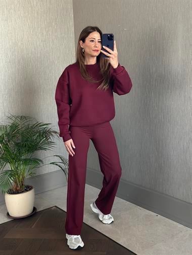 Bordo Omzu Dikiş Detaylı Bisiklet Yaka Şardonlu Kadın Sweatshirt