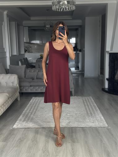 Bordo Ön Arka U Yaka  Basic Mini Kadın Elbise