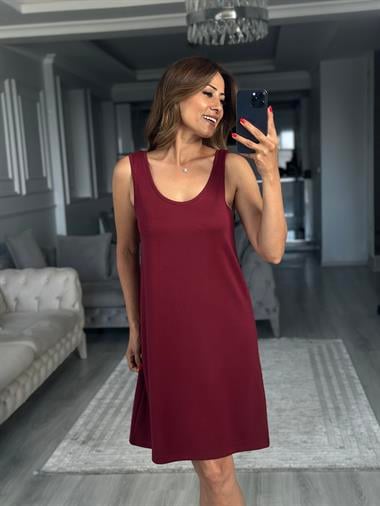 Bordo Ön Arka U Yaka  Basic Mini Kadın Elbise