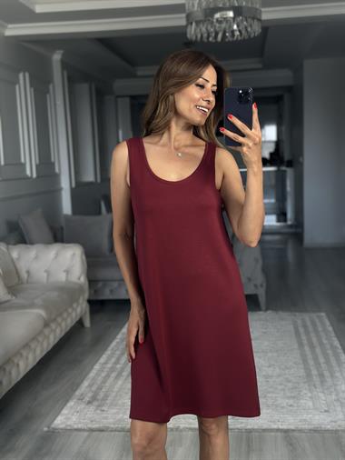 Bordo Ön Arka U Yaka  Basic Mini Kadın Elbise