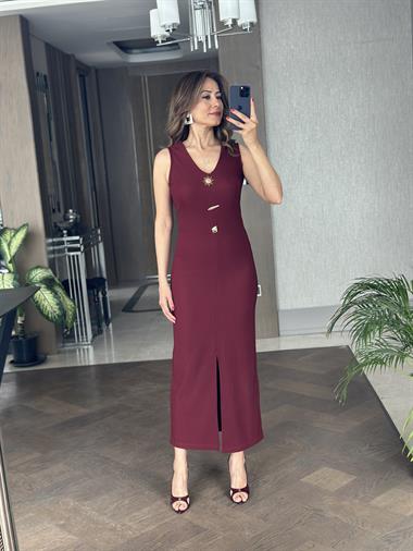 Bordo Önden Yırtmaçlı Güneş Serisi Ottoman Kumaş Maksi Boy Kadın Elbise 