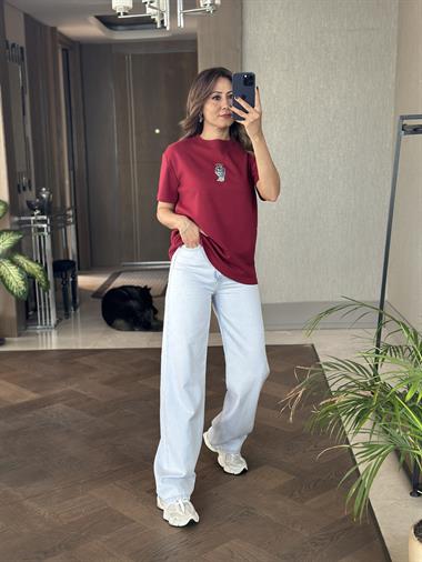 Bordo Önü Ayıcık RL Model Bisiklet Yaka Kadın T-Shirt