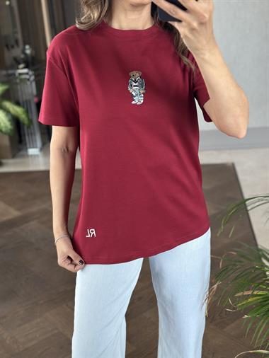 Bordo Önü Ayıcık RL Model Bisiklet Yaka Kadın T-Shirt