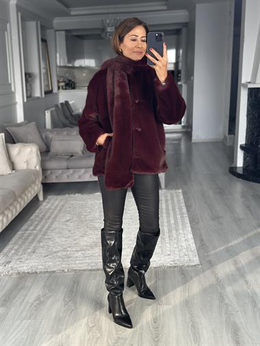 Bordo Önü Düğmeli Atkılı Kadın Kürk Mont