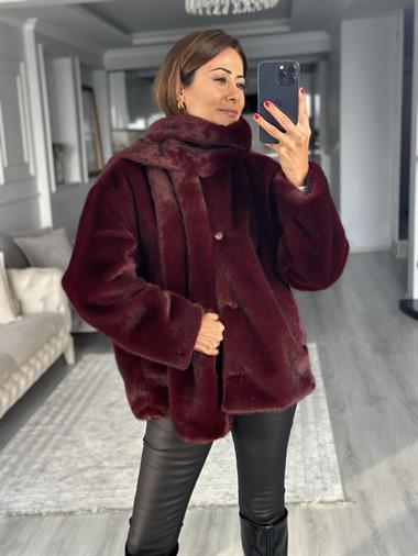 Bordo Önü Düğmeli Atkılı Kadın Kürk Mont