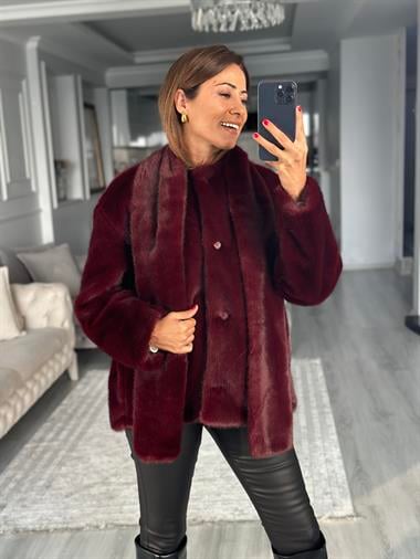 Bordo Önü Düğmeli Atkılı Kadın Kürk Mont