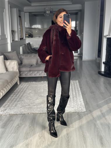 Bordo Önü Düğmeli Atkılı Kadın Kürk Mont