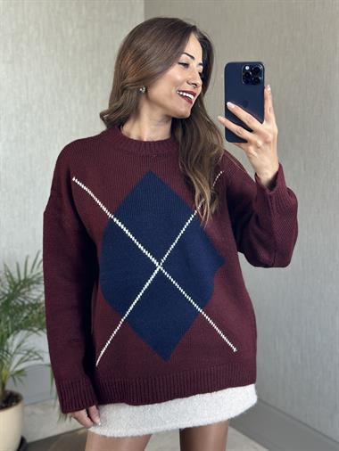 Bordo Önü Tek Baklava Desen Kadın Triko Kazak