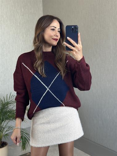 Bordo Önü Tek Baklava Desen Kadın Triko Kazak