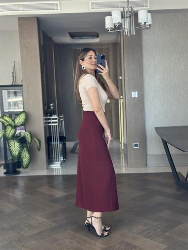 Bordo Ottoman Yırtmaçlı Güneş Serisi Kadın Midi Boy Etek