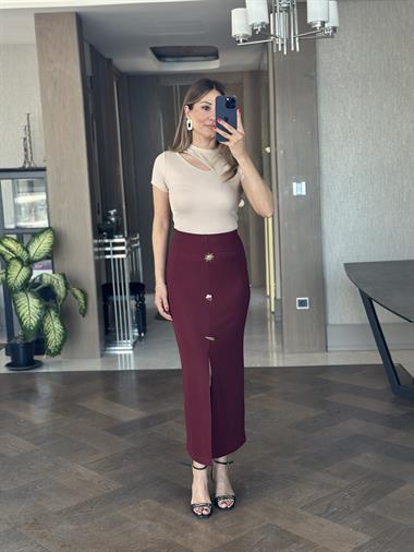 Bordo Ottoman Yırtmaçlı Güneş Serisi Kadın Midi Boy Etek