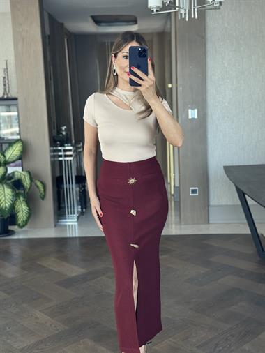 Bordo Ottoman Yırtmaçlı Güneş Serisi Kadın Midi Boy Etek