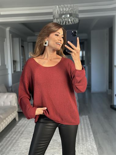 Bordo Oval Yaka Uzun Kol Kadın Triko Kazak