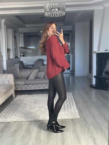 Bordo Oval Yaka Uzun Kol Kadın Triko Kazak