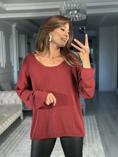 Bordo Oval Yaka Uzun Kol Kadın Triko Kazak