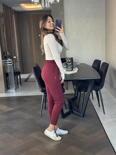 Bordo Oysh Paçaları Minik Yırtmaçlı Cepli Kadın Eşofman Altı