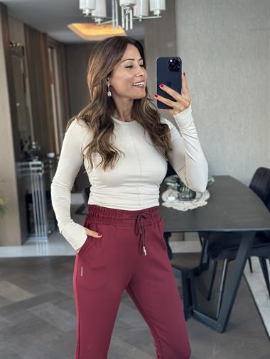 Bordo Oysh Paçaları Minik Yırtmaçlı Cepli Kadın Eşofman Altı