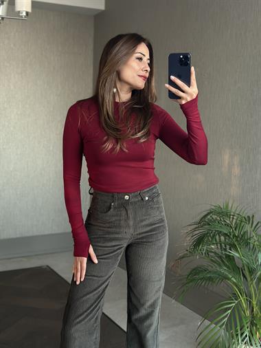 Bordo Parmak Detay Bisiklet Yaka Yumoş Kadın Body