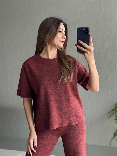 Bordo Pike Örgü Kısa Kol Bluz Pantolon Kadın Alt Üst Takım