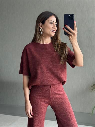 Bordo Pike Örgü Kısa Kol Bluz Pantolon Kadın Alt Üst Takım