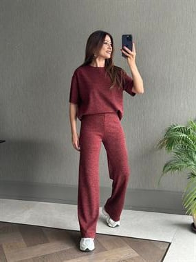 Bordo Pike Örgü Kısa Kol Bluz Pantolon Kadın Alt Üst Takım