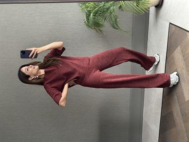 Bordo Pike Örgü Kısa Kol Bluz Pantolon Kadın Alt Üst Takım