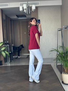 Bordo Prd Üçgen Logolu Bisiklet Yaka Kadın T-Shirt