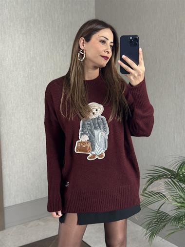 Bordo RL Model Bisiklet Yaka Önü Ayıcık Nakışlı Kadın Triko Kazak