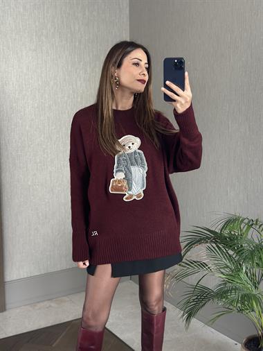 Bordo RL Model Bisiklet Yaka Önü Ayıcık Nakışlı Kadın Triko Kazak
