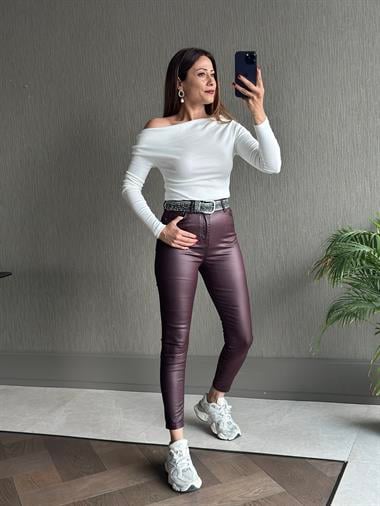 Bordo Samyeli Mum Kaplamalı Skinny Kadın Jean Pantolon