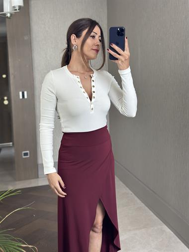 Bordo Sandy Kumaş Anvelop İçi Şortlu Kadın Midi Boy Etek