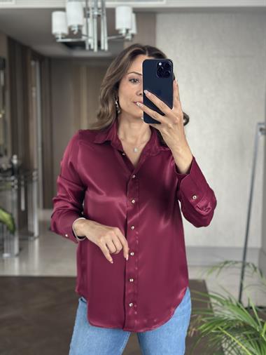 Bordo Saten Gold Düğmeli Uzun Kol Kadın Gömlek