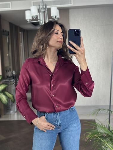 Bordo Saten Gold Düğmeli Uzun Kol Kadın Gömlek