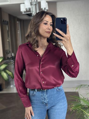Bordo Saten Gold Düğmeli Uzun Kol Kadın Gömlek