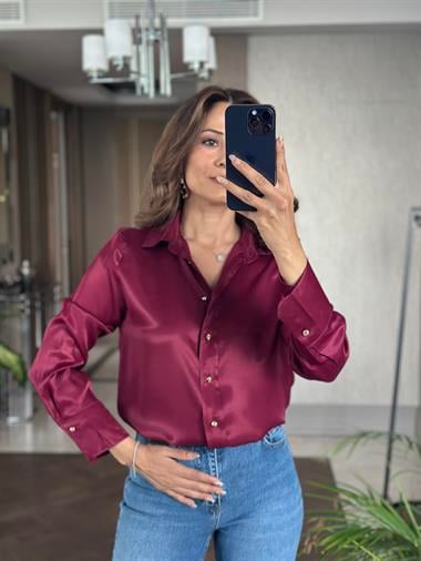 Bordo Saten Gold Düğmeli Uzun Kol Kadın Gömlek