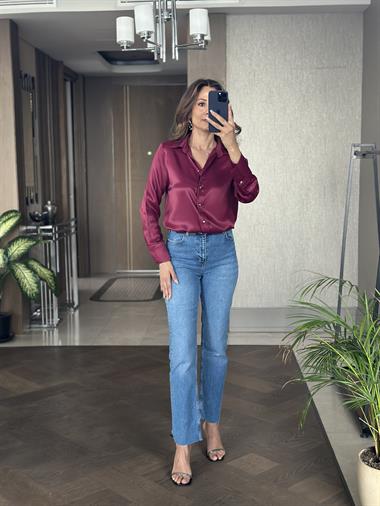 Bordo Saten Gold Düğmeli Uzun Kol Kadın Gömlek