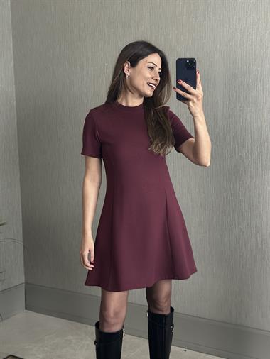 Bordo Selanik Kısa Kol Bisiklet Yaka Kadın Mini Çan Elbise