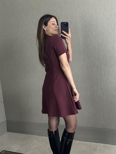 Bordo Selanik Kısa Kol Bisiklet Yaka Kadın Mini Çan Elbise