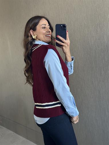 Bordo Şerit Detay Saç Örgü Kadın Triko Süveter