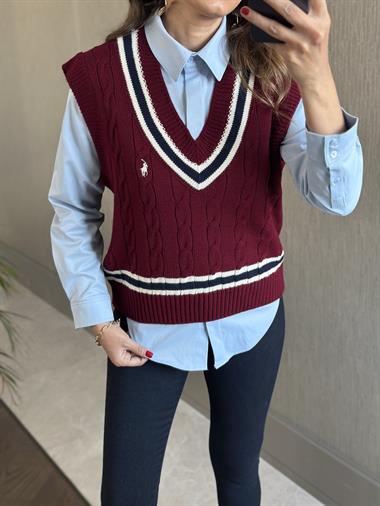 Bordo Şerit Detay Saç Örgü Kadın Triko Süveter