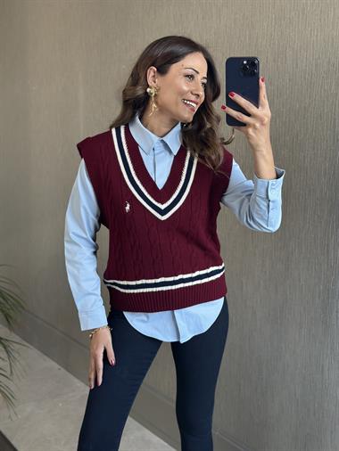 Bordo Şerit Detay Saç Örgü Kadın Triko Süveter