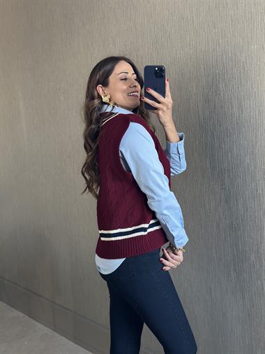 Bordo Şerit Detay Saç Örgü Kadın Triko Süveter
