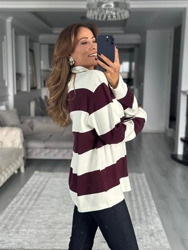 Bordo Şeritli Polo Yaka Uzun Kollu Kadın Sweatshirt