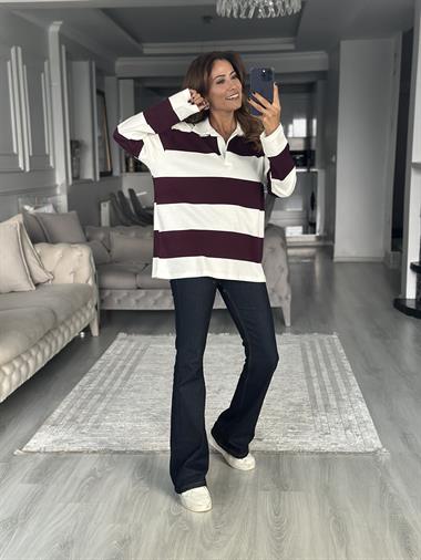 Bordo Şeritli Polo Yaka Uzun Kollu Kadın Sweatshirt