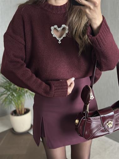 Bordo Taş Kalp Dekolteli Bisiklet Yaka Kadın Triko Kazak