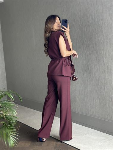 Bordo Tasarım Yelek Pantolon Kadın Takım