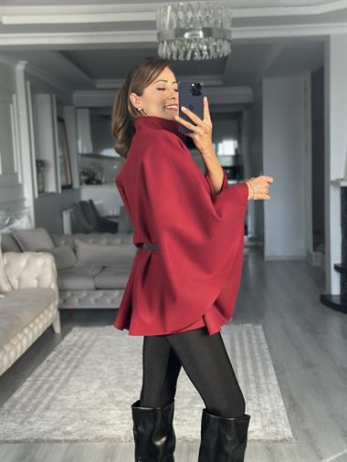 Bordo Tek Düğmeli Dik Yaka Kemerli Kadın Kaşe Panço